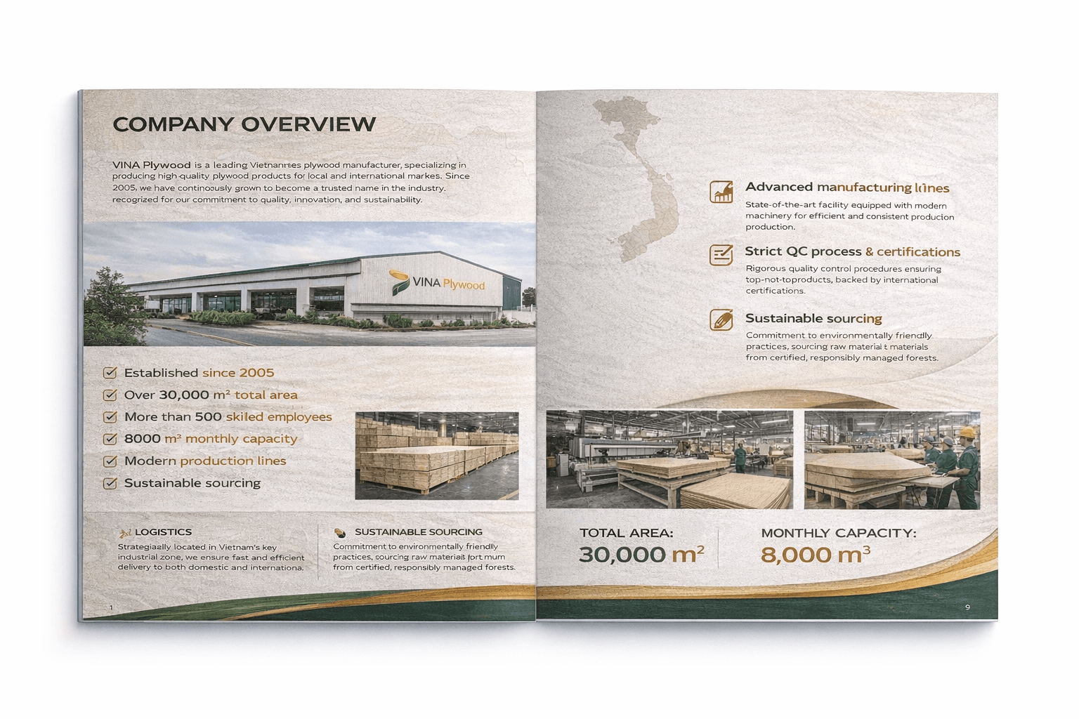 Catalogue spread showing VINA Plywood product presentation